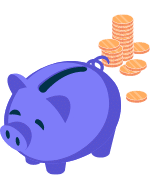 Purple piggy bank with a pile of coins behind it